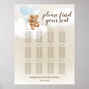 Stoffige blauwe teddybeer met ballonnen zitplaatsk poster