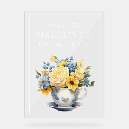 Stoffige blauwe theekop gele bloemen acryl bord (Voorkant)