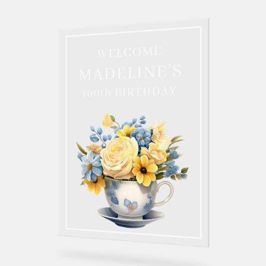 Stoffige blauwe theekop gele bloemen acryl bord (Hoek)