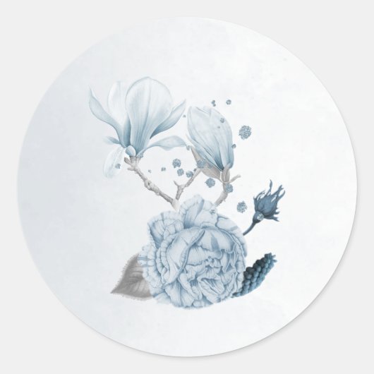 stoffige blauwe tinten bloemen ronde sticker (Voorkant)