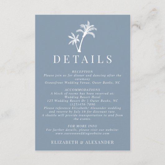 Stoffige Blauwe Tropische Palmboom Bruiloft Detail Informatiekaartje (Voorkant)