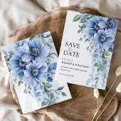 Stoffige blauwe tuin bloemen elegante bruiloft save the date