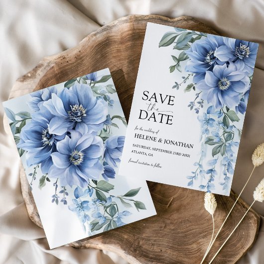 Stoffige blauwe tuin bloemen elegante bruiloft save the date
