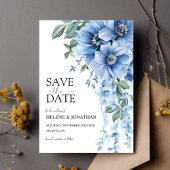 Stoffige blauwe tuin bloemen elegante bruiloft save the date