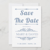  stoffige blauwe typografie Sparen de Datum Save The Date (Voorkant)