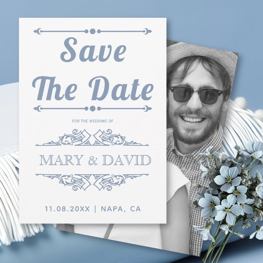  stoffige blauwe typografie Sparen de Datum Save The Date
