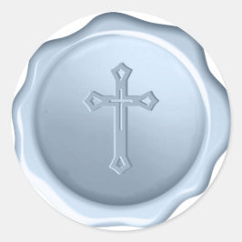 Stoffige blauwe waszegel kruis reliëf geborduurd r ronde sticker
