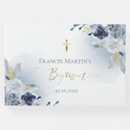 stoffige blauwe waterverf bloemen Doop Gastenboek