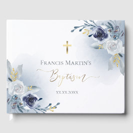 stoffige blauwe waterverf bloemen Doop Gastenboek