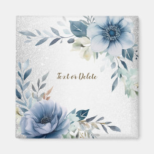 Stoffige Blauwe Waterverf Bloemen Zilver Elegant Magneet