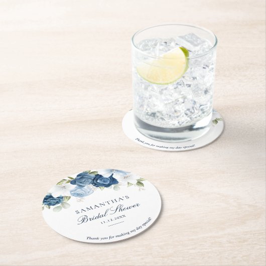 Stoffige blauwe waterverf bloemrijke script bruilo ronde kartonnen onderzetter (Insitu)