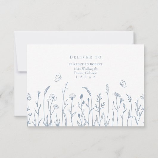 Stoffige Blauwe Wildbloemen en Butterfiles RSVP-ka Bedankkaart (Achterkant)