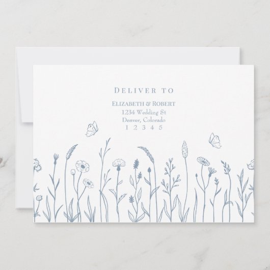 Stoffige Blauwe Wildbloemen en Butterfiles RSVP-ka Kaart (Achterkant)