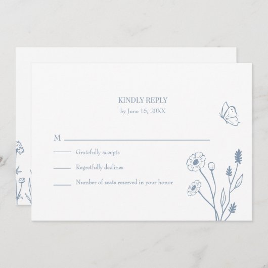 Stoffige Blauwe Wildbloemen en Butterfiles RSVP-ka Kaart (Voorkant / Achterkant)