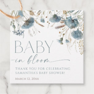Stoffige blauwe wilde bloemen baby in bloei jongen bedankjes labels