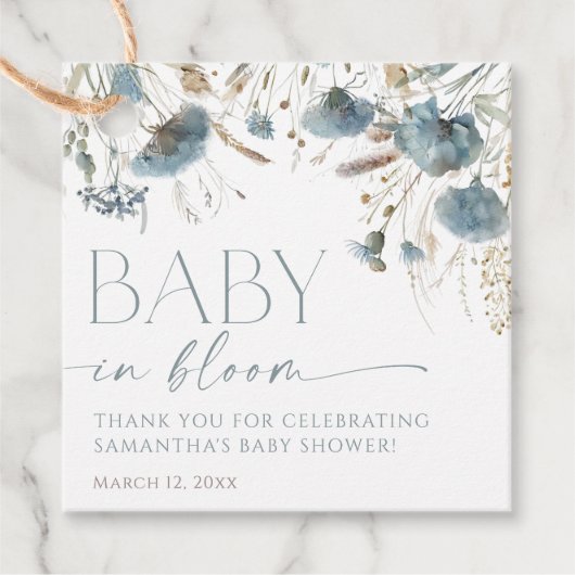 Stoffige blauwe wilde bloemen baby in bloei jongen bedankjes labels (Voorkant)