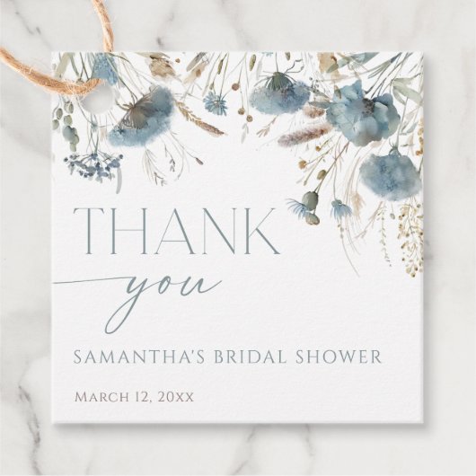 Stoffige blauwe wilde bloemen boho bruidsshower bedankjes labels (Voorkant)
