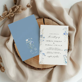Stoffige Blauwe Wilde Bloemen Monogram Huwelijk  Kaart