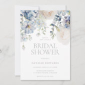 Stoffige blauwe & witte bloemige bruidsfeest kaart (Voorkant)