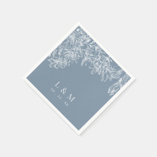 Stoffige blauwe witte bloemige monogram trouw serv servet (Hoek)