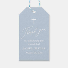 Stoffige blauwe witte kruis jongens doop favor tag cadeaulabel