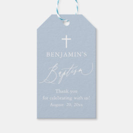Stoffige blauwe witte kruis jongens doop favor tag cadeaulabel