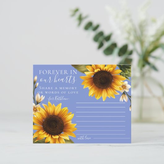 Stoffige blauwe zonnebloemen delen een herdenkings (Staand voorkant)