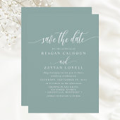 Stoffige Blauwgroen elegante kalligrafie Bewaar de Save The Date