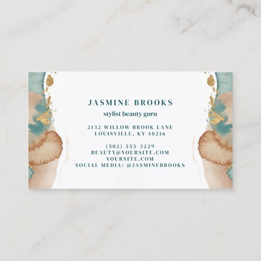 Stoffige Blauwgroen en gouden Waterverf Visitekaartje (Achterkant)