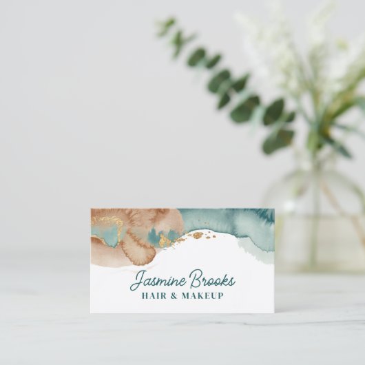 Stoffige Blauwgroen en gouden Waterverf Visitekaartje (Staand voorkant)