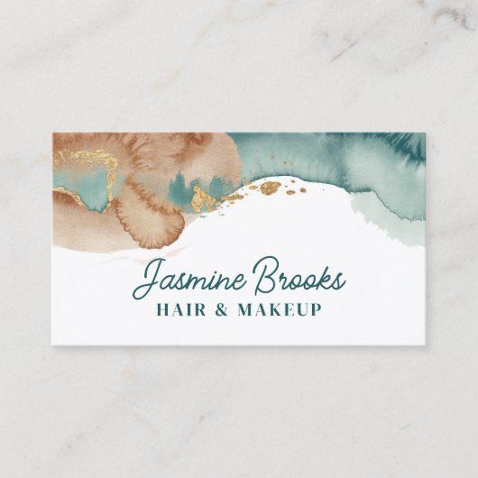 Stoffige Blauwgroen en gouden Waterverf Visitekaartje (Voorkant)