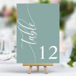 Stoffige Blauwgroen moderne kalligrafie bruiloft Kaart<br><div class="desc">Leid uw gasten naar hun stoelen met deze chique elegante stoffige blauwgroen trouwtafelnummers. Met een minimalistisch ontwerp met moderne kalligrafie, voegen deze tafelnummers een vleugje verfijning toe aan uw huwelijksreceptie. De zachte achtergrond en de schone, elegante typografie zorgen voor eenvoudige leesbaarheid en verbeteren tegelijkertijd uw bruiloft decor. Perfect voor elk...</div>