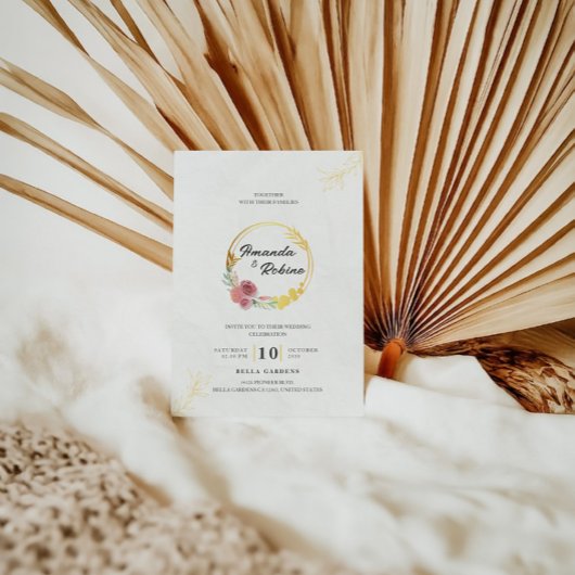 Stoffige bloem roze en gouden bruiloft kaart