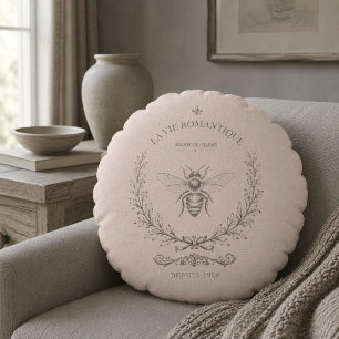 Stoffige Blush Bijen Gravure   Frans Landelijk Rus Rond Kussen