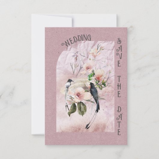 Stoffige Bourgogne Magnolia Bloesems en Vogels Bru Save The Date (Voorkant)