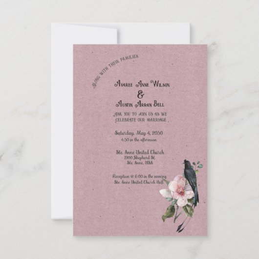 Stoffige Bourgogne Magnolia Bloesems en Vogels Bru Save The Date (Achterkant)