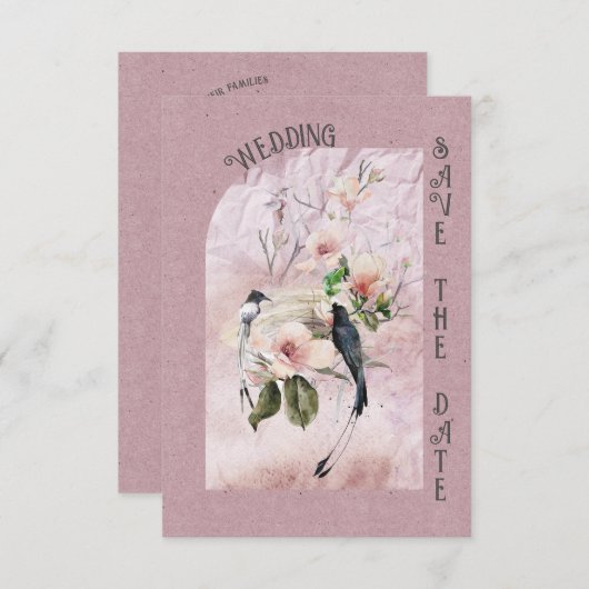 Stoffige Bourgogne Magnolia Bloesems en Vogels Bru Save The Date (Voorkant / Achterkant)
