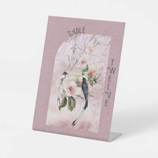 Stoffige Bourgogne Magnolia Bloesems en Vogels Reclamebord Met Voetstuk (Voorkant)