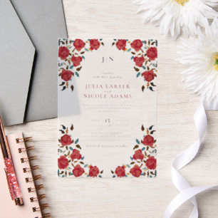 Stoffige Elegante Gouden Rode Roos Bloem Bruiloft Vellum Uitnodigingen