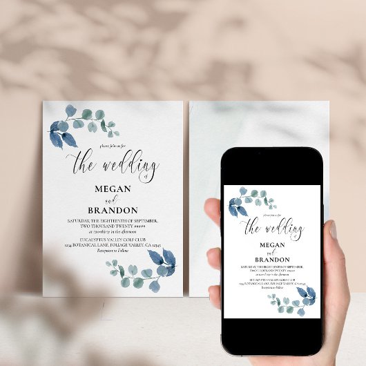 stoffige eucalyptus eenvoudige elegante bruiloft kaart