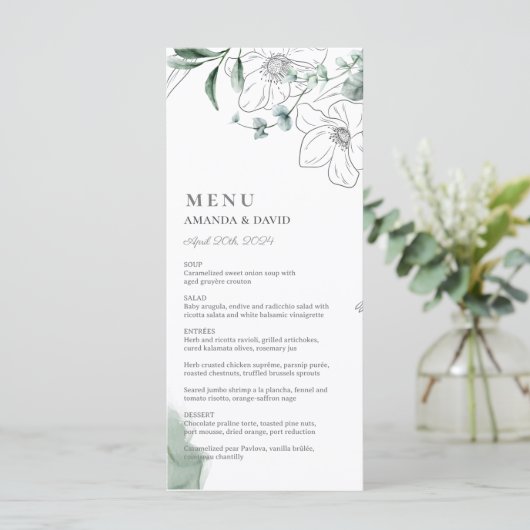Stoffige Eucalyptus Groene Trouwfeest Menu (Staand voorkant)