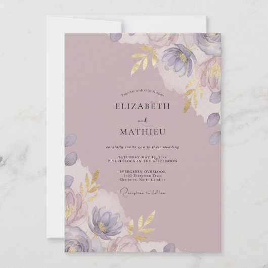 Stoffige Gedempte Mauve Bloemblad Bruiloft Kaart (Voorkant)