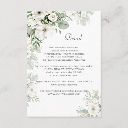 Stoffige groene bloemenbloem roos waterverf bruilo informatiekaartje (Voorkant)