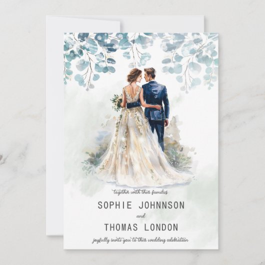 Stoffige groene eucalyptus bruiloft paar kaart (Voorkant)