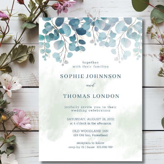 Stoffige groene eucalyptus waterverf bruiloft kaart