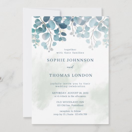 Stoffige groene eucalyptus waterverf bruiloft kaart (Voorkant)