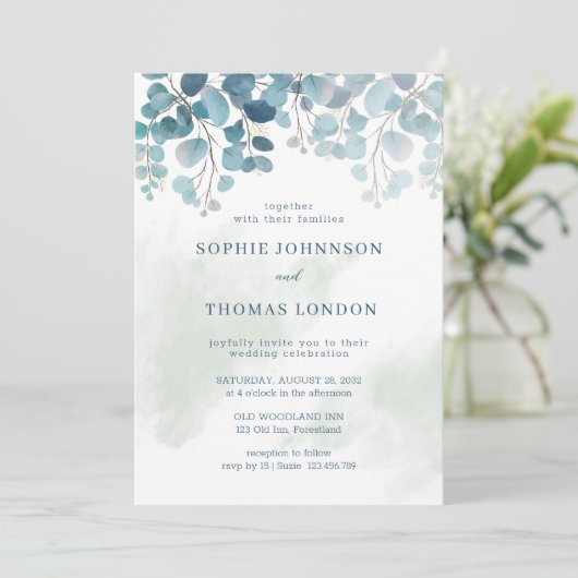 Stoffige groene eucalyptus waterverf bruiloft kaart (Staand voorkant)