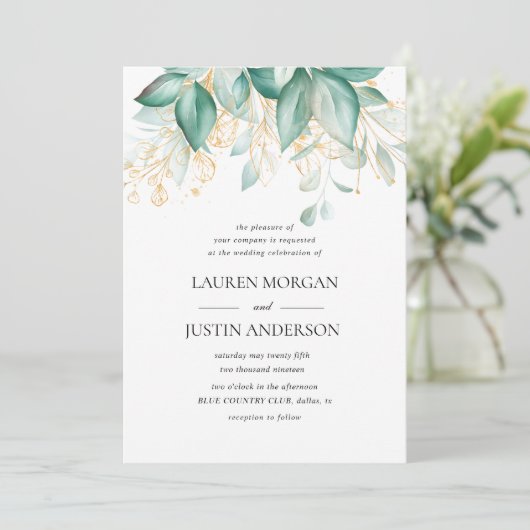 stoffige groene goudbruine eucalyptusbruinbruiloft kaart (Staand voorkant)