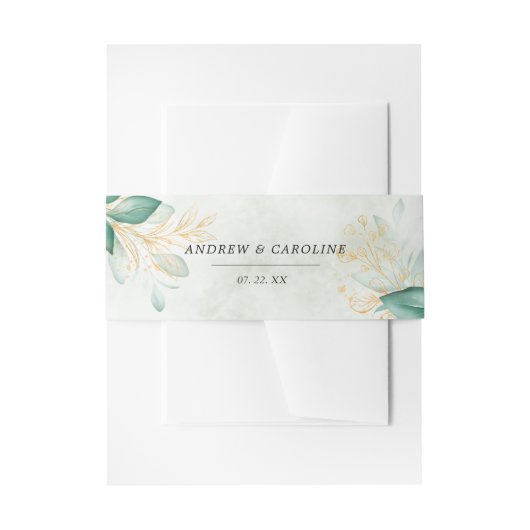 stoffige groene gouden eucalyptus groen wedding uitnodigingen wikkel (Voorkant Voorbeeld)