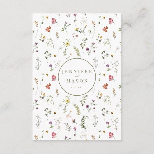 Stoffige groene kleurrijke wildflower bruiloft men informatiekaartje (Achterkant)
